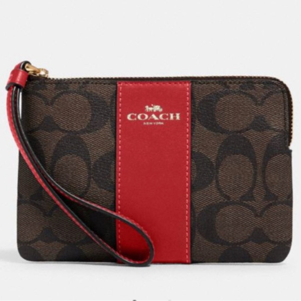 NWT Coach Vintage Wristlet - Signature Authentic Leather Brown with True Red